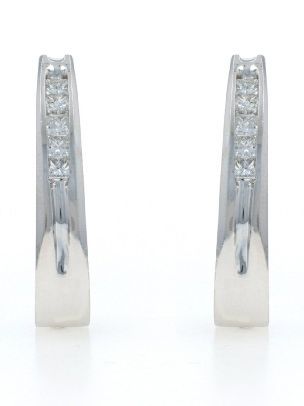 White Gold Diamond J-Hook Earrings - 14k Princess .60ctw Channel Set Pierced